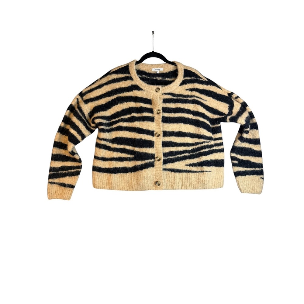 Madewell Tiger Stripe Cardigan Sweater Tan Black Animal Print Button Front L
